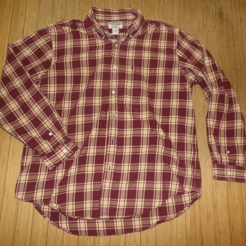 Ralph Lauren Jeans Co Mens XL Plaid L/S Button Down Shirt Maroon Tan